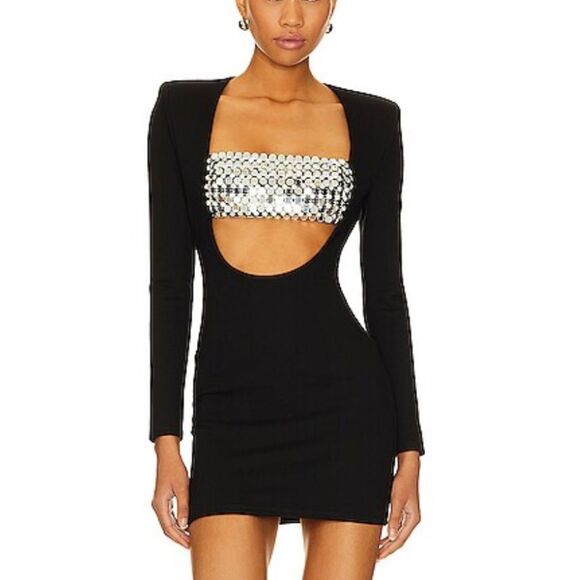 NBD Vani Mini Dress Black Silver metallic mirror rhinestone bodycon Revolve M - Picture 1 of 8
